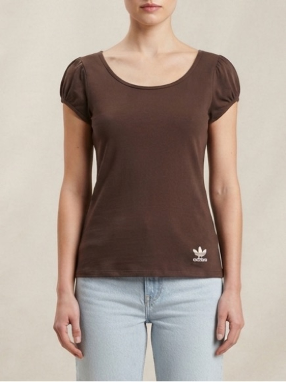 Y2K Adidas Brown Scoop Neck Puff Sleeve Fitted Baby Tee Shirt Top Size Large